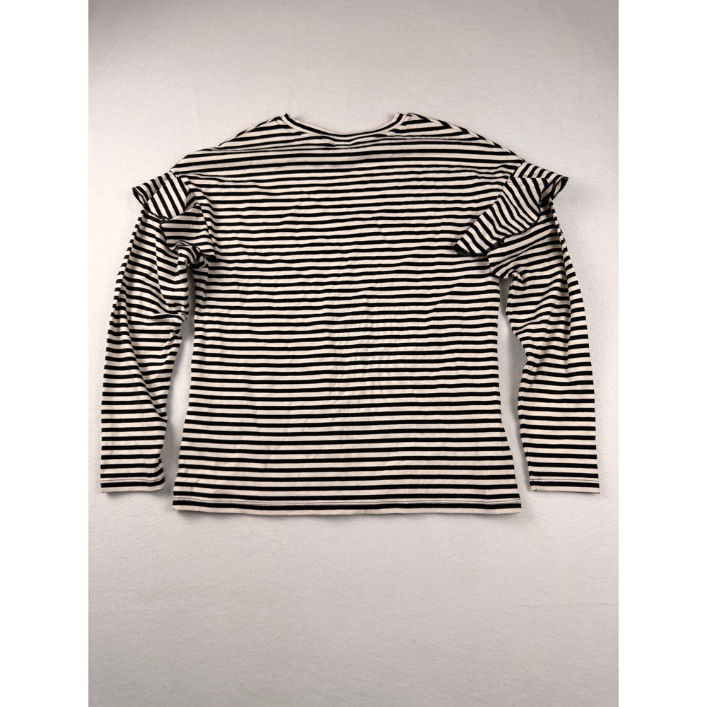 H&M Womens Black White Striped Ruffle Shoulder Long Sleeve Ribbed Top Medium - Picture 7 of 7